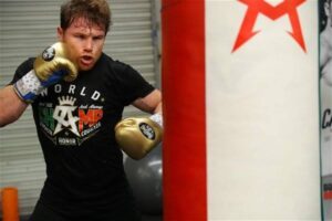 Canelo practicing heavy bag drills in training 